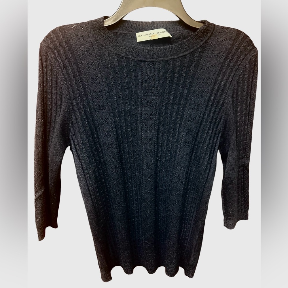 Carolina Herrera Navy Silk & Cashmere Cable knit 3/4 Lenght Sleeve Sweater